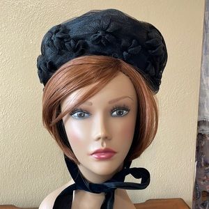 Antique Victorian black woven hat with black velvet ribbon